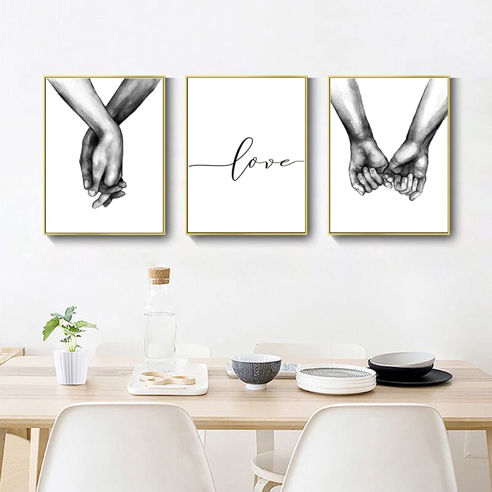 Kiddale Love and Hand in Hand Wall Art Canvas Print Poster,Simple Fashion Black and White Sketch Art Line Drawing Decor for Home Living Room Bedroom Office,Set of 3 Unframed, 12" x16