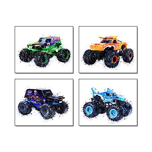 CPJY Cartoons Monster Truck Theme Wall Art Prints Set of 4 (8 inchesX10 inches Canvas Picture) Children Boys Birthday Gift Game Room Decor Art Painting Kids Nursery Wall Poster Home Decor Unframed