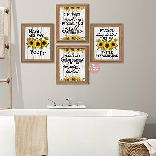 Funny Bathroom Wall Art Print Sunflower Painting Print Humorous Quotes Poster, Bathroom Wall Decor, Bathroom Quotes, Signs & Rules Decor, Great Gift for Bathroom Decor (Set of 4, 8 x 10 Unframed)