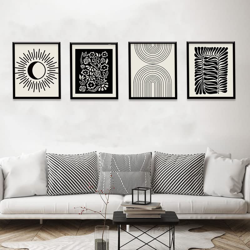 Minimalist Boho Canvas Wall Art Set of 4,Black Beige Flower Leaf Line Art Canvas Painting Pictures, Mid-Century Modern Prints Gallery Wall Posters for Bedroom Living Room Bathroom Boho Room