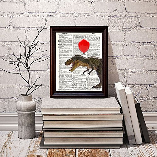 Fresh Prints of CT Dictionary Art Print - T-Rex with Balloon - Printed on Recycled Vintage Dictionary Paper - 8.5"x11" - Mixed Media Poster on Vintage Dictionary Page