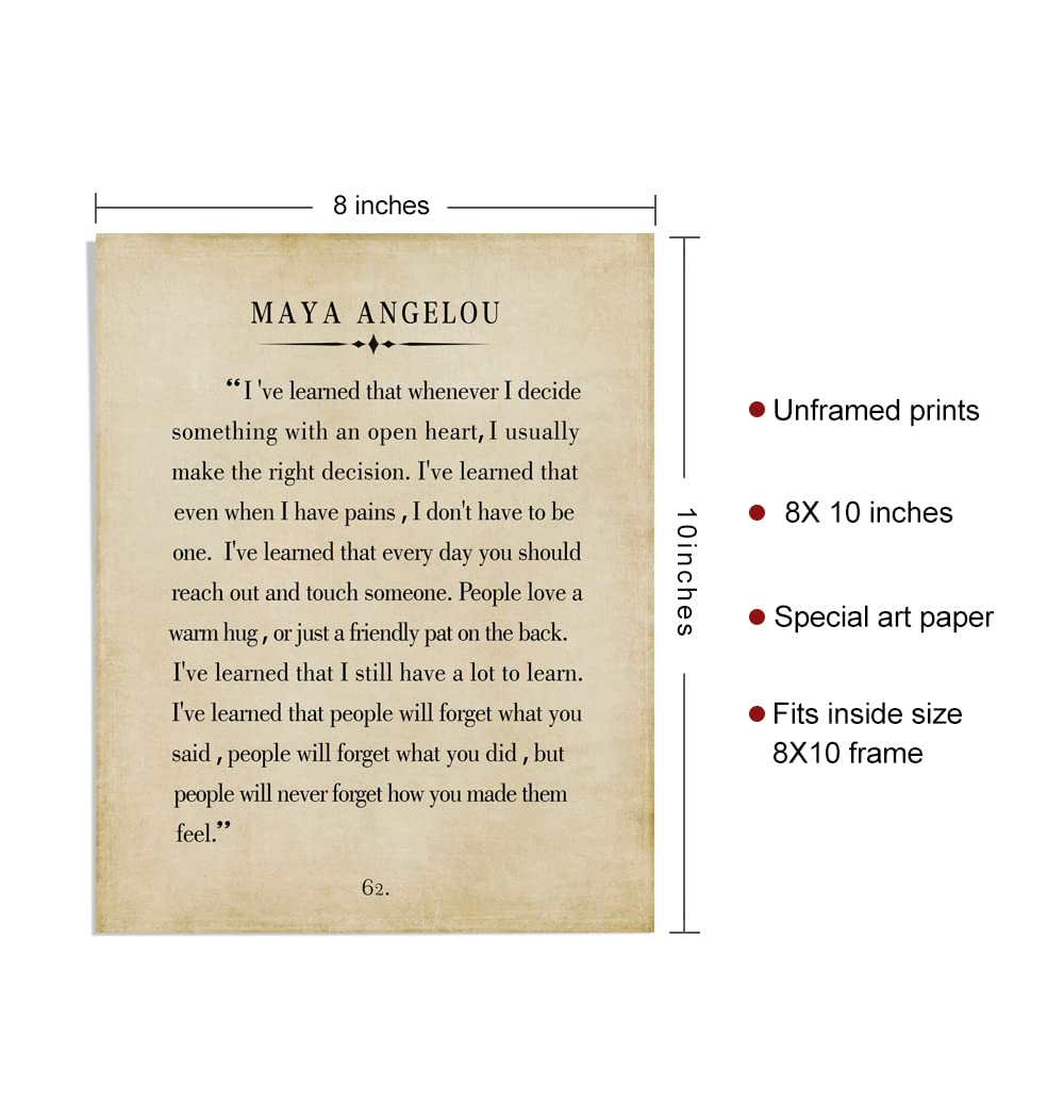Maya Angelou Quotes Wall Art - Motivational Office Wall Art - 8x10" Book Quotes Wall Decor for Classrooms, Home, Libraries, Vintage Book Posters Quotes Prints
