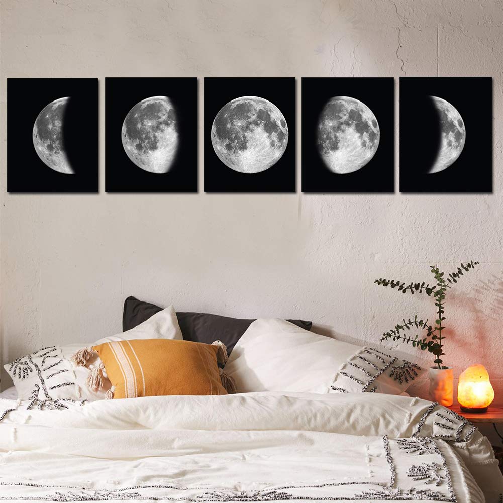 5 Pieces Moon Wall Decor - Black and White Canvas Print Artworks Lunar Moon Wall Art Abstract Prints Poster for Office Dorm Living Room Bedroom Decoration Unframed Paintings Home Decor