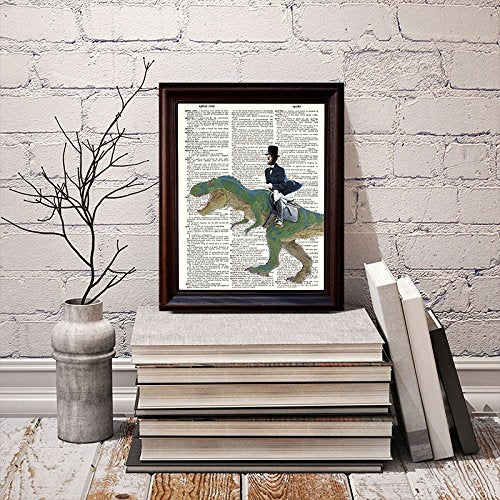 Fresh Prints of CT Dictionary Art Print - Lincoln Riding a Dinosaur - Printed on Recycled Vintage Dictionary Paper - 8.5"x11" - Mixed Media Poster on Vintage Dictionary Page