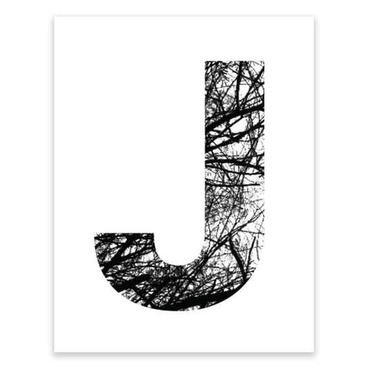 Andaz Press Minimalist Black and White Wall Art Print Poster, Tree Branches Nature Photography, Monogram Initial Letter J, 8.5x11-inch Sign, 1-Pack, Bedroom Living Room Office Decor