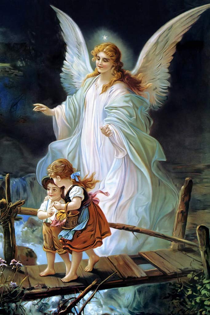 Lindberg Heilige Schutzengel Guardian Angel And Children Crossing Bridge German 1900s Religious Religion Inspirational Motivational Faith Cool Wall Decor Art Print Poster 12x18