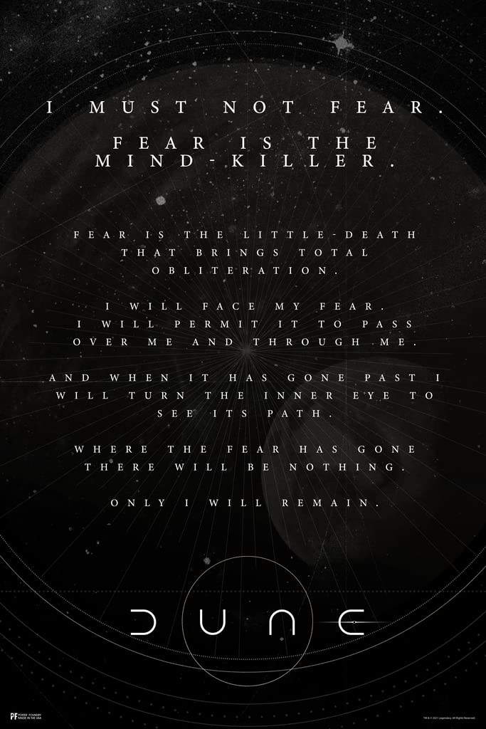 Dune Fear Is the Mind Killer Quote Lady Jessica Paul Atreides Black Official Merchandise 2021 Movie Merch Denis Villeneuve Film Frank Herbert Book Series Cool Wall Decor Art Print Poster 12x18