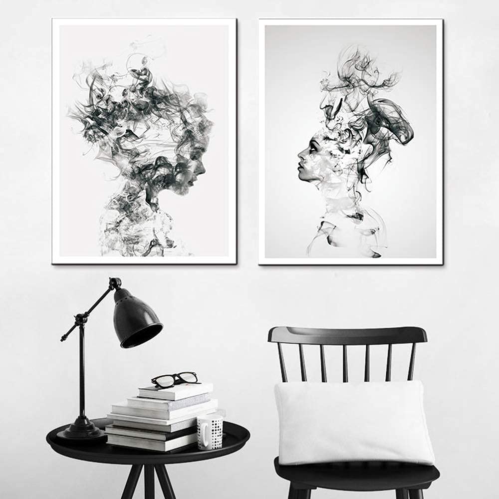 Smoke Girls Wall Art Canvas Print Poster,Abstract Minimalist Black and White Photography Art Line Drawing Decor for Living Room Bedroom (Set of 2 Unframed, 12x16 inches)