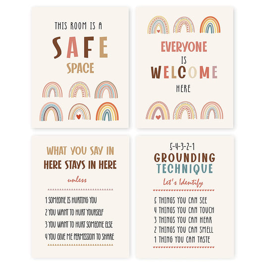 TSUYAWU Inspirational Classroom Prints Wall Art Funny Unframed,Watercolor School Psychologist Rainbow Prints Set of 4 Counselor Posters Home School Psych Office Decor 8x10