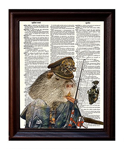 Dictionary Art Print - Steampunk Nutria River Rat "Middle Boatman Randall Rattington" Illustration - Printed on Recycled Vintage Dictionary Paper - 8"x11" - Mixed Media Poster on Vintage Dictionary Page
