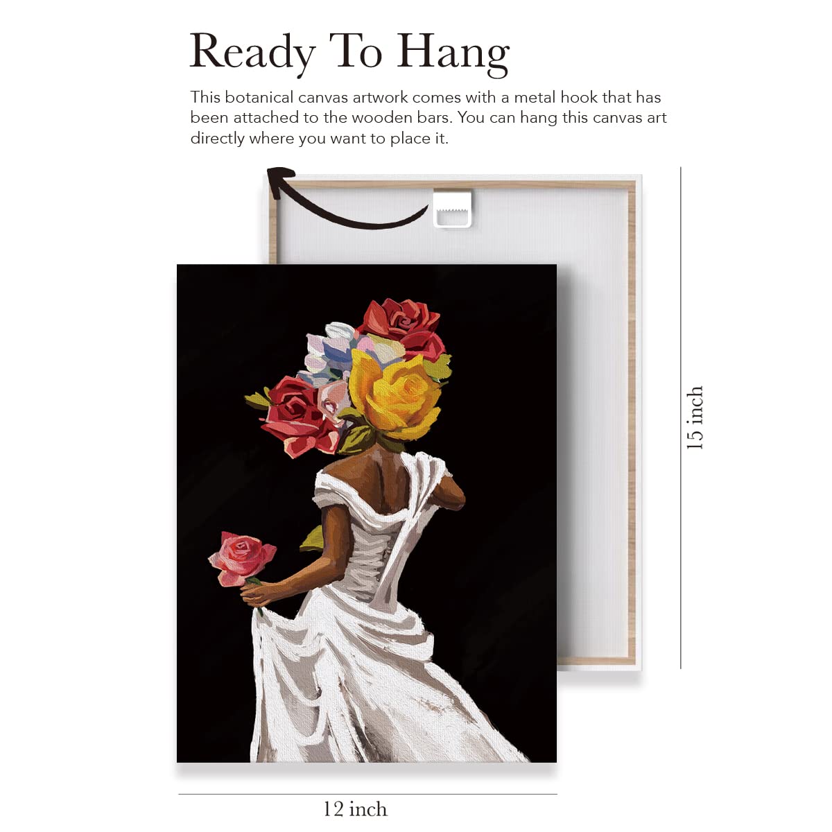 EVXID African American Canvas Poster Painting Wall Art, Floral Black Woman Girl Picture Print Artwork Framed Ready to Hang for Home Bedroom Decor 12 x 15 inch