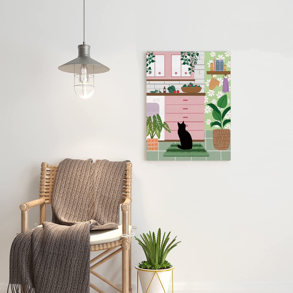 NISTOMISU Black Cat in the Pink Kitchen Canvas Prints Wall Decor Boho Botanical Black Cat Canvas Art Sign Canvas Poster Gifts for Home Kitchen Decor 11.5"x15"