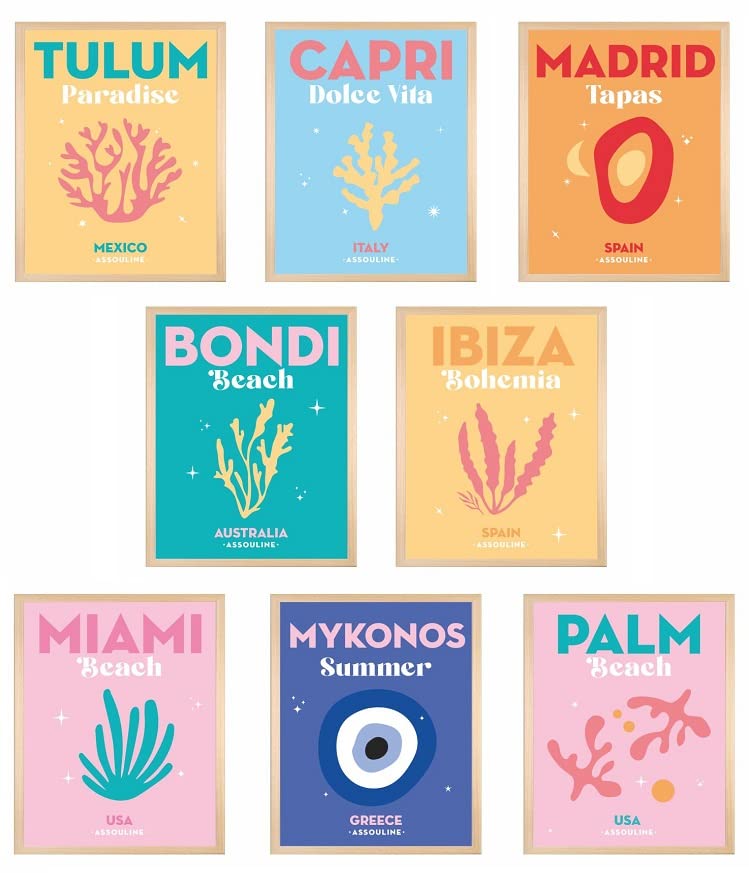 Print A To Z Assouline Wall Art Poster Prints Decor Set, UNFRAMED Set of 8 ( 8''x10'' ), Preppy room decor, Preppy wall decor, Abstract Wall Art Decor for Living Room Bathroom, Beach Poster