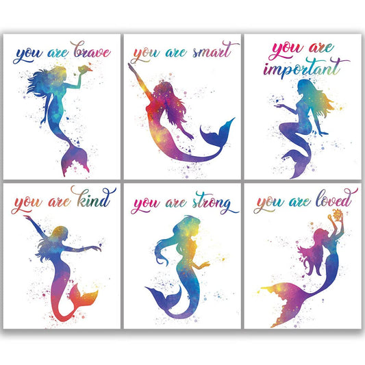 SUUURA-OO Mermaid Inspirational Words Watercolor marine life Art Print Set of 6 (8”X10”), You Are Important Art Poster for Nursery, Bedroom Decor, Mermaid Gift for Girls Kids Home Wall Unframed