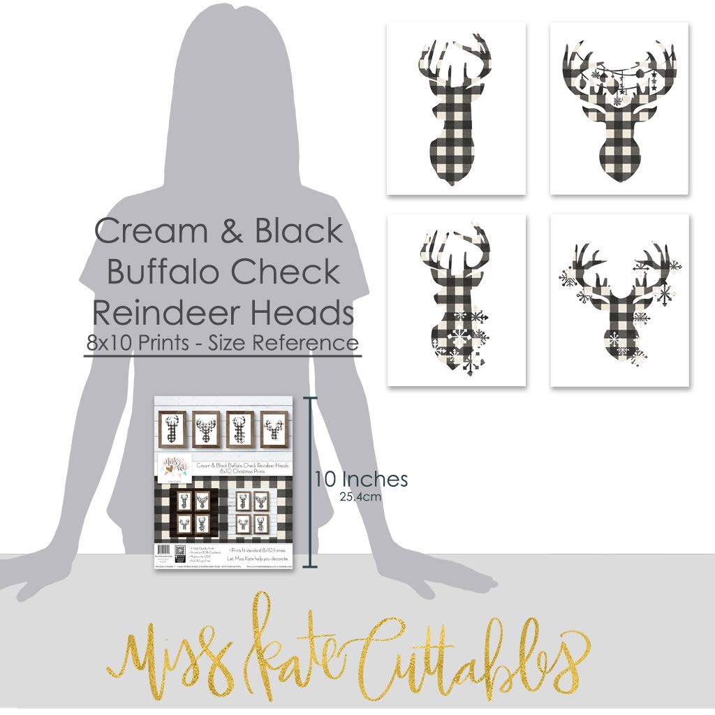 Miss Kate Cuttables 8x10 Prints - Cream & Black Buffalo Check Reindeer Head Silhouettes - Christmas Decoration Art for Frames | Set of 4 Wall Prints Posters (Unframed)