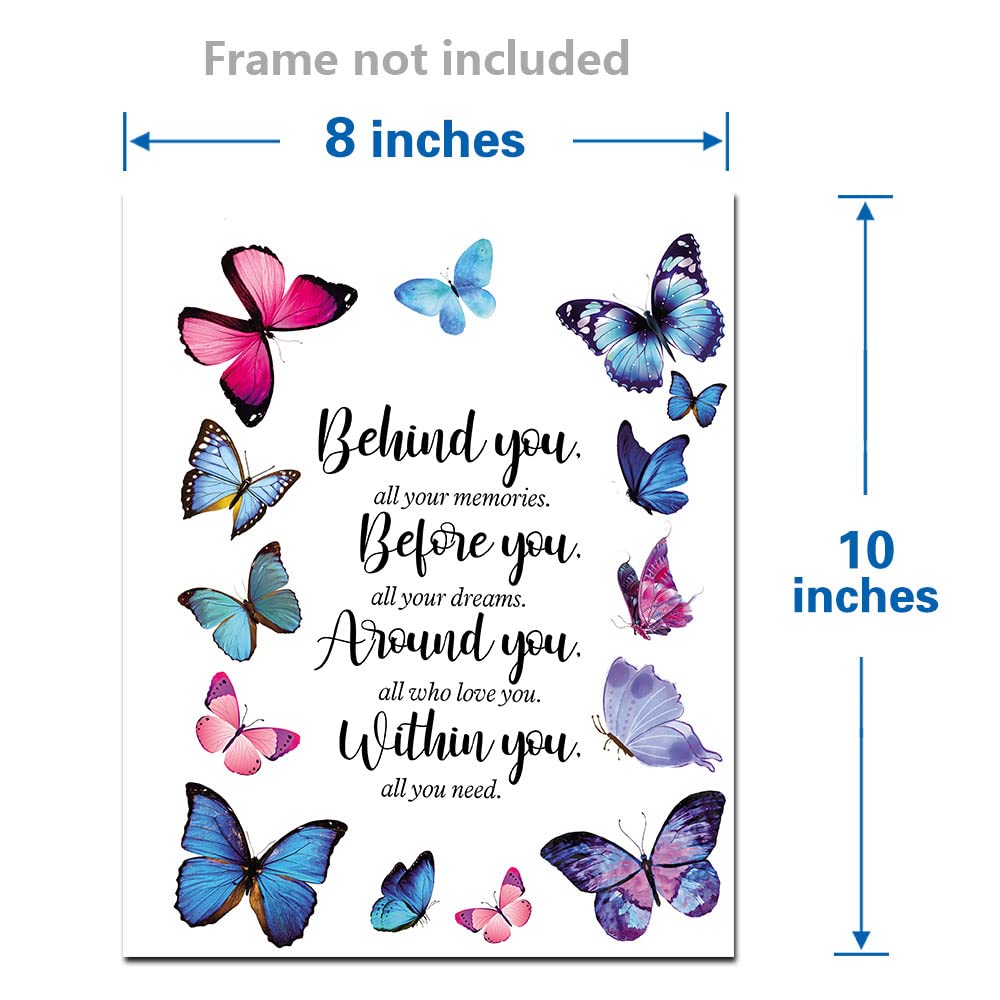 Butterfly Inspirational Quotes Wall Art Prints, Behind You All Your Memories Poster, Gtizry Graduation Gifts for Daughter, Birthday Inspirational Gifts for Women Girls Friends. Set 1 8x10in,No Fram
