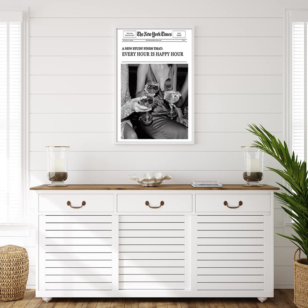 HEMOLAL Positive Affirming Quotes Poster Painting Black and White New York News Newspaper Canvas Wall Art Vintage Alcohol Print Painting Trendy Retro Party Room Decor for Bar Cart 12x16in Unframed