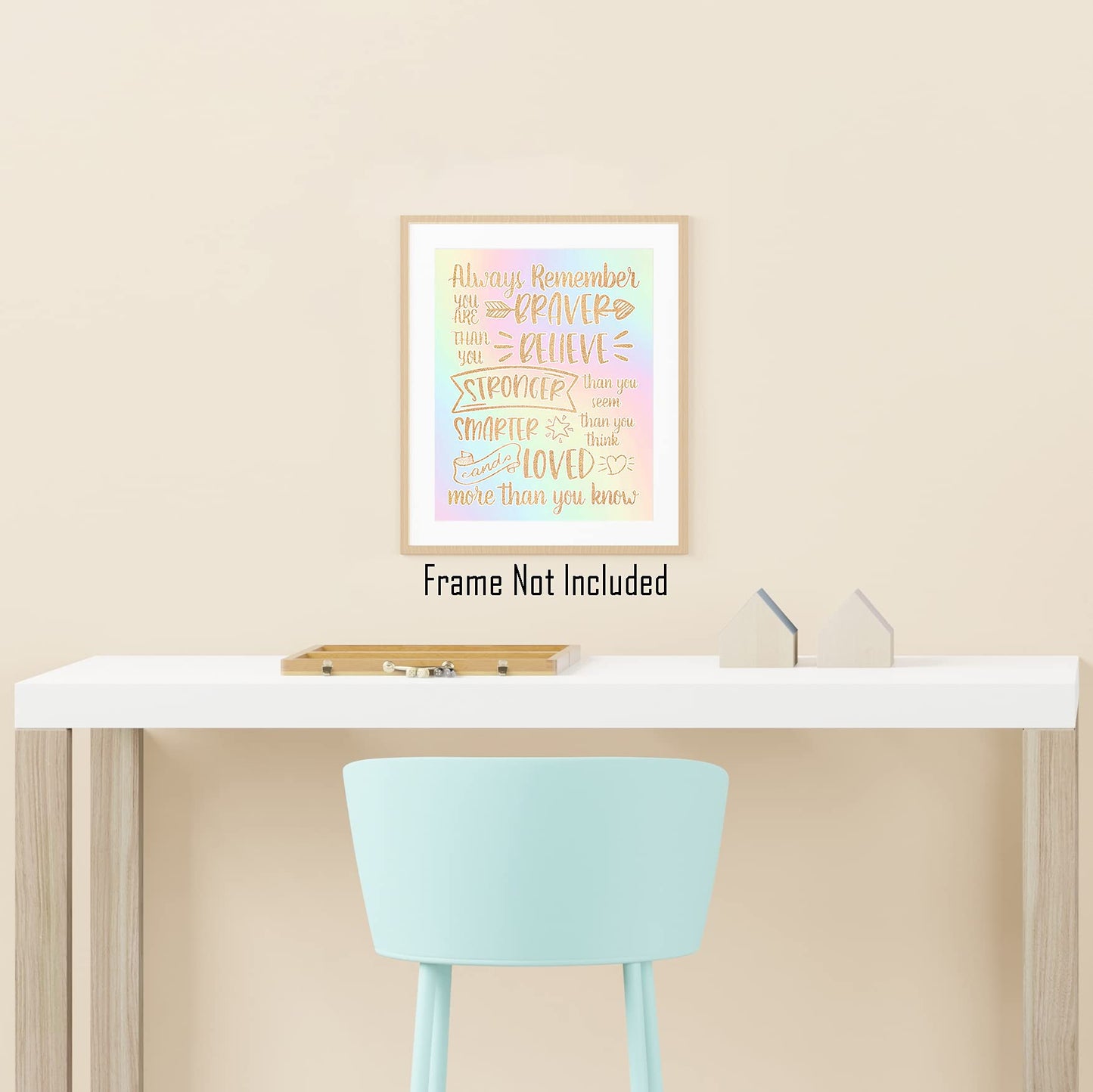 Brooke & Vine Girl Room Wall Decor Art Prints - (UNFRAMED 8 x 10) Inspirational Wall Art, Motivational Quotes Posters for Kids, Tween Bedroom, (Braver Than You Believe - Gold and Rainbow)