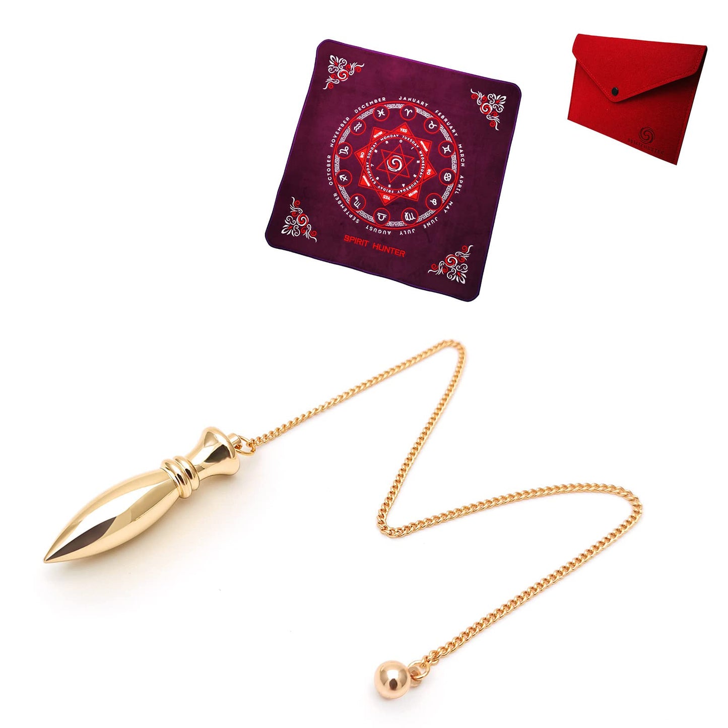 Spirit Hunter Dowsing Kit - Karnak Brass Pendulum(18K Gold Plated) Plus Embroidered Pendulum Mat for Divination (13.5″X 13.5″) - Portable Bag Included.