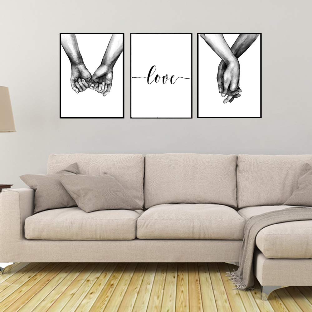 Love and Hand in Hand Poster Wall Decorative Art Canvas Print Poster for Home Living Room Bedroom Office Simple Fashion Black and White Sketch Art Line Drawing Decor Unframed 12" x 16" Set Of 3