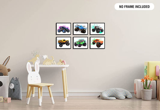 Monster Jam Trucks Posters Wall Art Prints Car Posters for Boys Room 8x10 Set of 6 (Unframed) Kids Watercolor Cartoon Monster Truck Bedroom Decor Color Racing Vehicle Picture Teens Toddler Baby