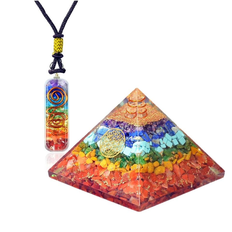 Orgonite Crystal Seven chakra FOL pyramid & Pendant Set, Orgonite Pyramid for Energy Healing - Orgonite Kit - Protection With Seven Chakra Orgonite Necklace