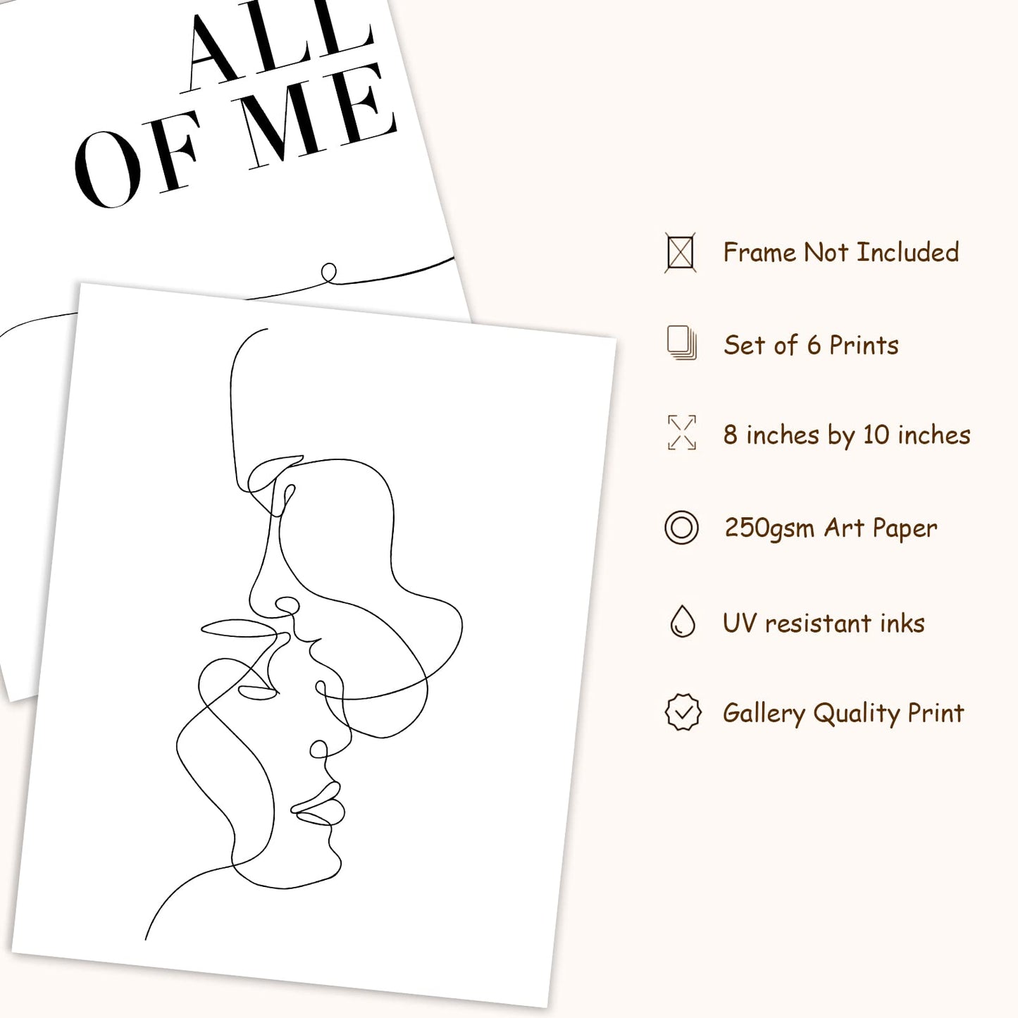 AnyDesign 6Pcs Valentine's Day Couple Line Wall Art Prints 8 x 10in Minimalist Room Decor Kiss Hands Lovers All of Me Loves All of You Poster for Anniversary Couple Gift Home Room Decor (NO FRAME)