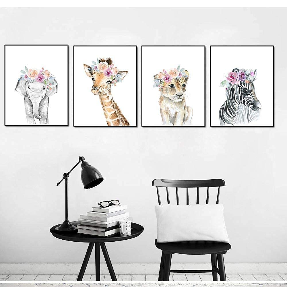 Baby Watercolor Animals Floral Wall Art Prints,8"x12" Tiger Elephant Zebra Giraffe With Wreath On Head Woodland Safari Animals Posters Pictures For Kids Rooms Nursery Decor Art (Set of 4,Unframed)