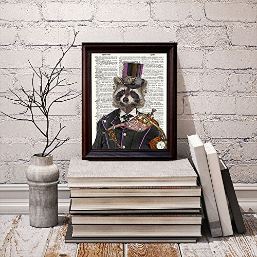 Fresh Prints of CT Dictionary Art Print - Steampunk Racoon Colonel Roderick Racoonbottom - Printed on Recycled Vintage Dictionary Paper - 8"x11" - Mixed Media Poster on Vintage Dictionary Page