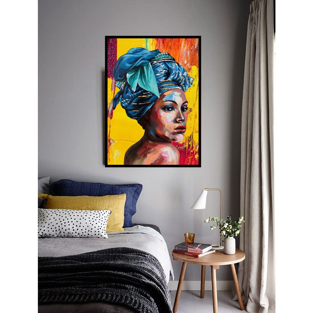 Black Woman Wall Art for Living Room African Canvas Painting Blue Turban Modern Girl Posters and Prints Wall Art Paintings for Wall Art Abstract Black Woman Portrait Wall Art African Girl Canvas