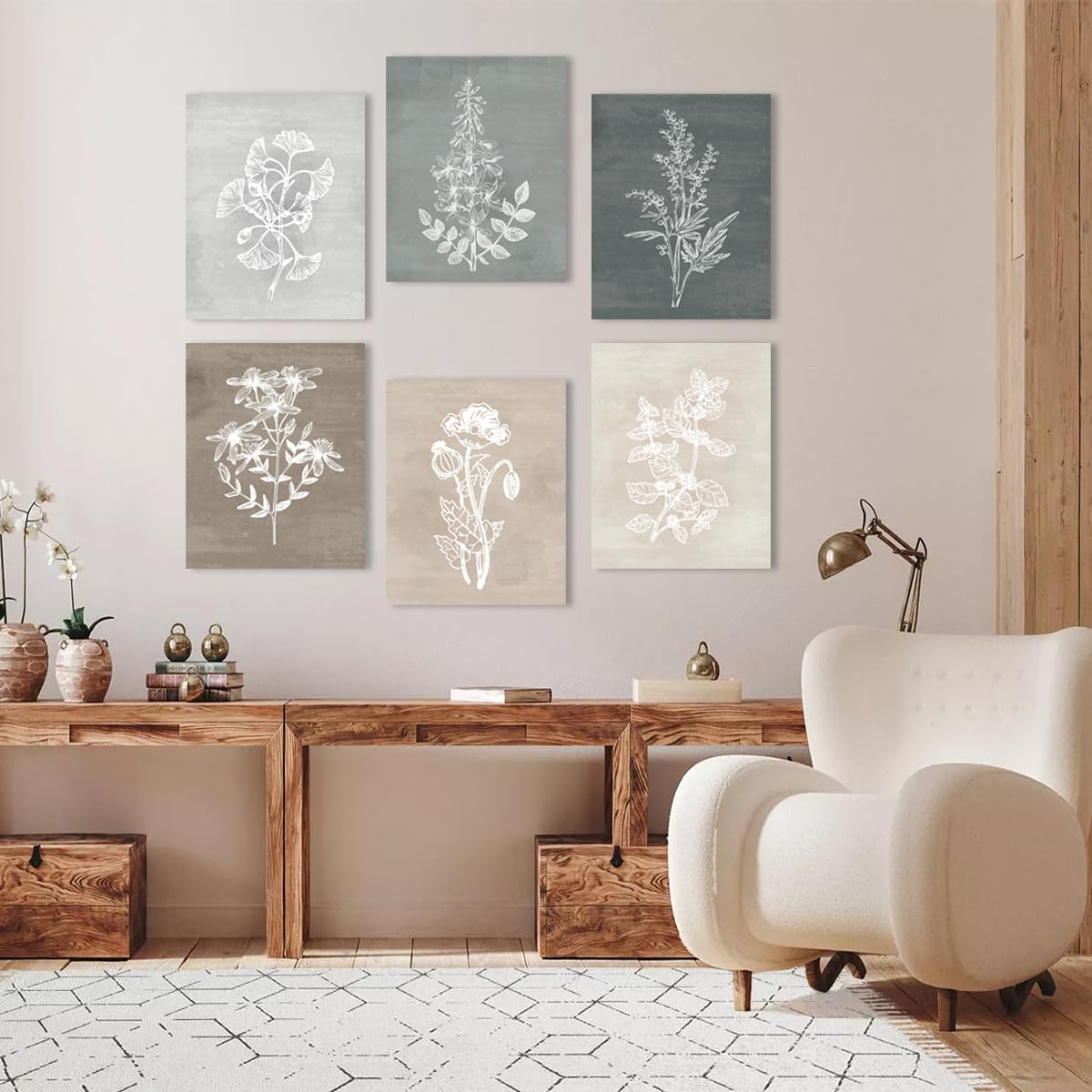 BINCUE Neutral Botanical Canvas Wall Art Boho Flower Plant Framed Wall Decor for Living Room Bedroom Dining Room 6 Panel 8x10 Inches