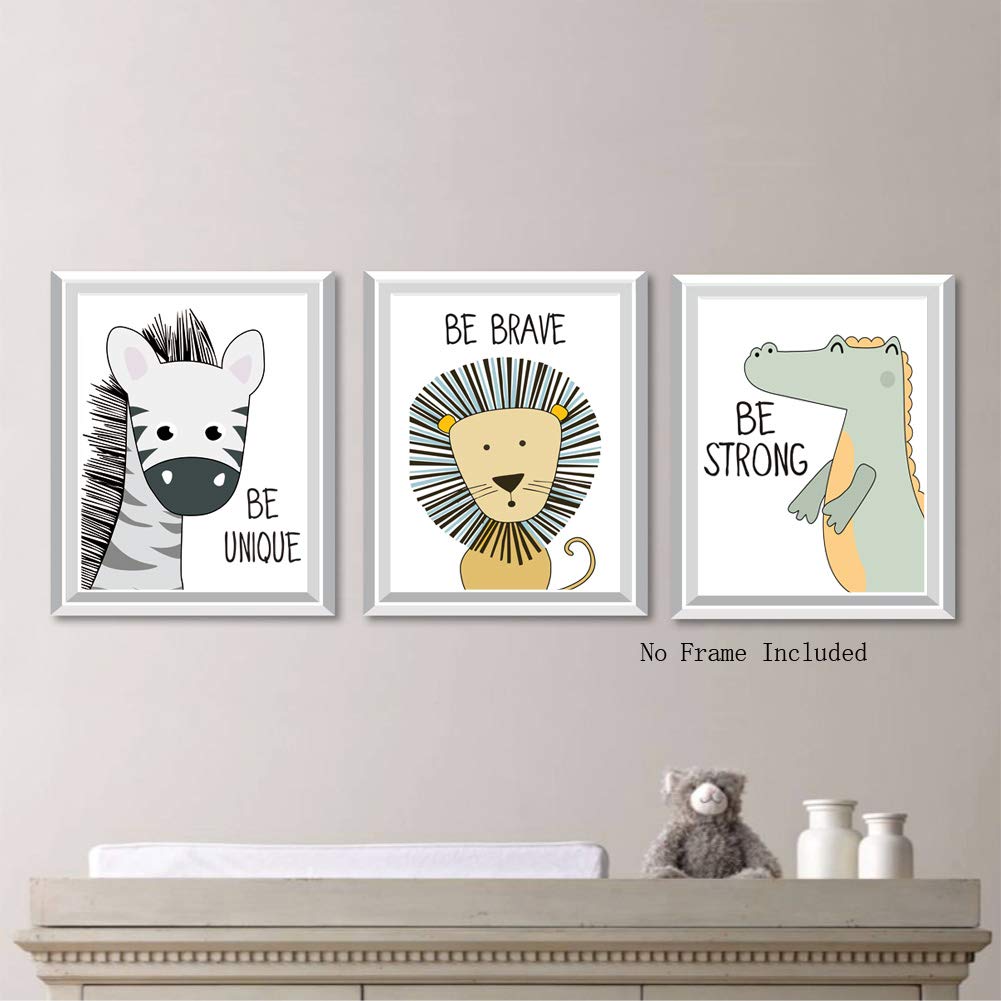 KAIRNE Cartoon animals Art Print, Giraffe Lion Zebra Monkey Forest Animals With Motivational Quote Saying Wall Poster Painting,Set Of 6(8”X10”,Unframed Nursery Wall Art