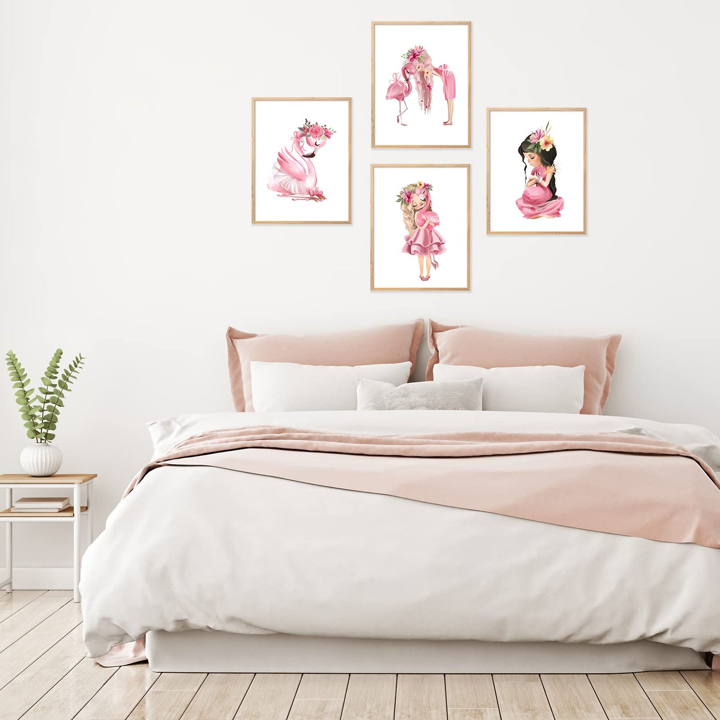 Flamingo Girl Wall Art Canvas Prints - Watercolor Pink Picture Princess Floral Animal Decor Poster for Baby Shower Bathroom Nursery Room Home Living Teen Bedroom Wall Decor Set of 4 Unframed 8x10inch