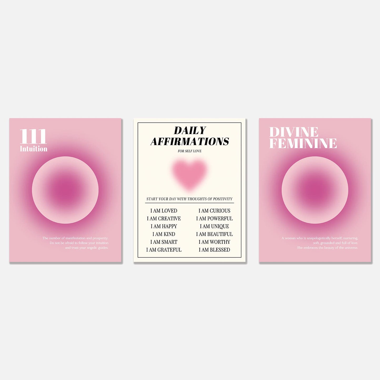 KEUSPI Angel Number 111 Intuition Daily Affirmations Divine Feminine Pink Aura Energy Gradient Wall Art Poster Prints for Bedroom Dorm Decor,Spiritual Decorations Posters Unframed 8x10 Inches Set of 3