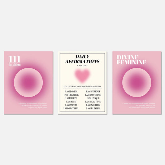KEUSPI Angel Number 111 Intuition Daily Affirmations Divine Feminine Pink Aura Energy Gradient Wall Art Poster Prints for Bedroom Dorm Decor,Spiritual Decorations Posters Unframed 8x10 Inches Set of 3