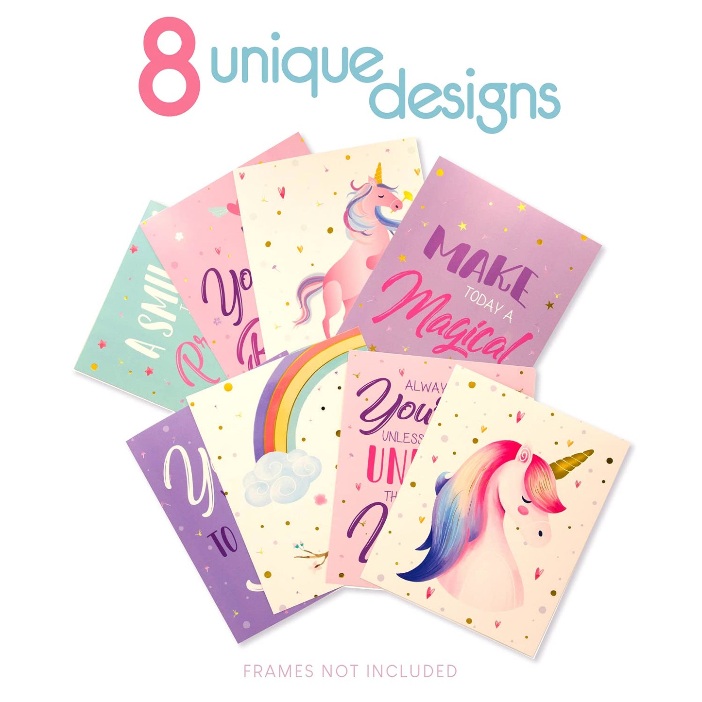 Unicorn Wall Decor - Unicorn Pictures Wall Decor Set Of 8 - Unicorn Wall Art Unframed - Rainbow Pictures Wall Art 8x10 - Easy To Decorate - Unicorn Art Prints - Unicorn Poster - Girls Wall Art