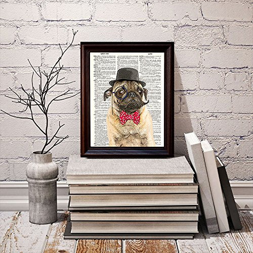 Dictionary Art Print - Sir Pug Moustache and Bow Tie- Printed on Recycled Vintage Dictionary Paper - 8"x11" - Mixed Media Poster on Vintage Dictionary Page