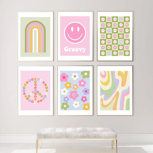 Whaline 9Pcs Preppy Posters Danish Pastel Wall Art Prints Room Decor for Teen Girls Bedroom College Dorm Room Posters Decorations(UNFRAMED 8x10)