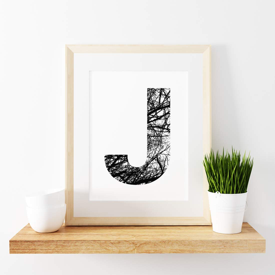 Andaz Press Minimalist Black and White Wall Art Print Poster, Tree Branches Nature Photography, Monogram Initial Letter J, 8.5x11-inch Sign, 1-Pack, Bedroom Living Room Office Decor
