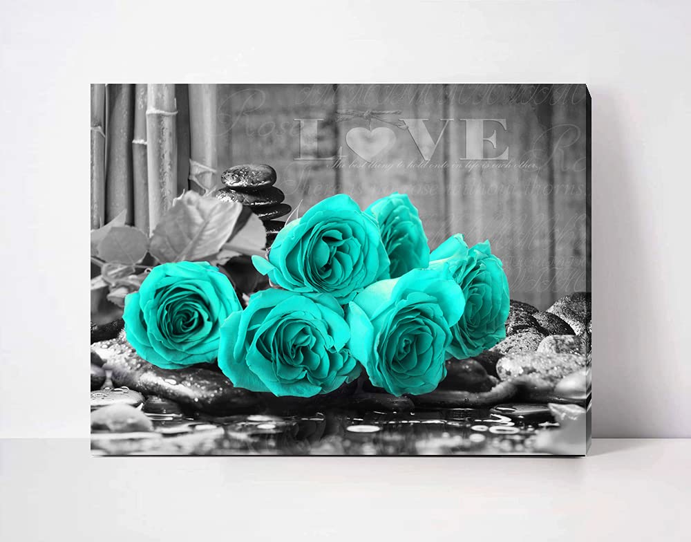 YMYXMC33 Teal Rose Flower Picture Decor Wall Art Canvas Print Black and White Poster Country Love Decoration Bedroom Kitchen Bathroom12x15