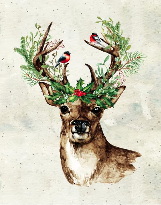 Christmas Deer Art Print, Watercolor Christmas Deer, Reindeer Wall Art, Christmas Holidays Wall Art Print - 11x14 Poster Print - Unframed