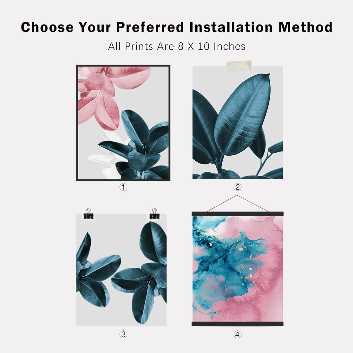 BARATIE Botanical Wall Art Prints Set of 4 Bathroom Decor Wall Art Indigo Blue Plants Rubber Leaves Posters Pink Watercolor Boho Leaf Wall Decor for Bedroom (8"x10" UNFRAMED, Indigo Blue)