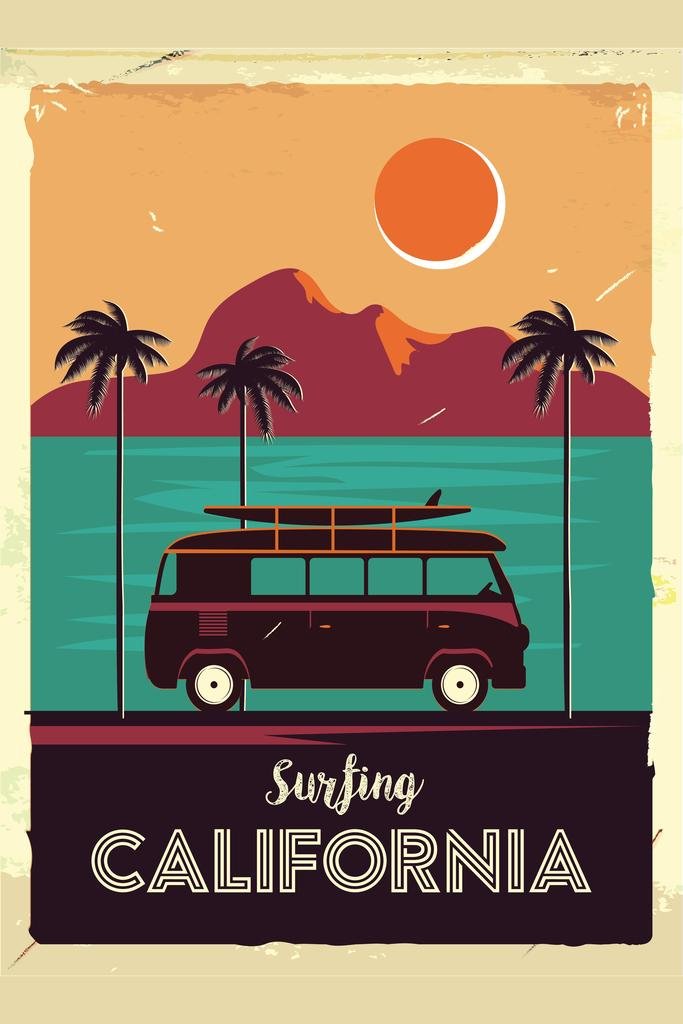 Surfing Poster California Coastline Van Surf Travel Beach Beachy Tropical Paradise Sea Art Graphic Sand Waves Vintage Retro Thick Paper Sign Print Picture 8x12