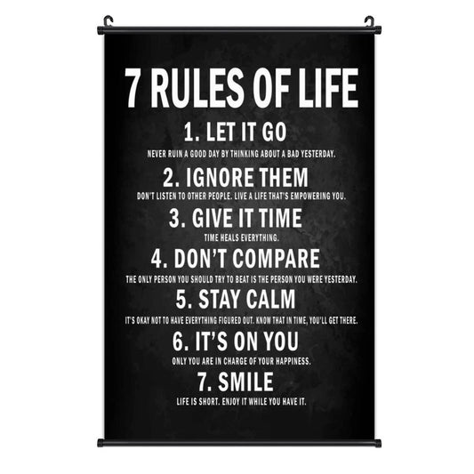 Motivational Poster Wall Scroll 7 Rules of Life Quotes Hanging Artwork Painting Inspirational Art Canvas Print for Home Living Room Bedroom Office Classroom Decor 16" X 24"