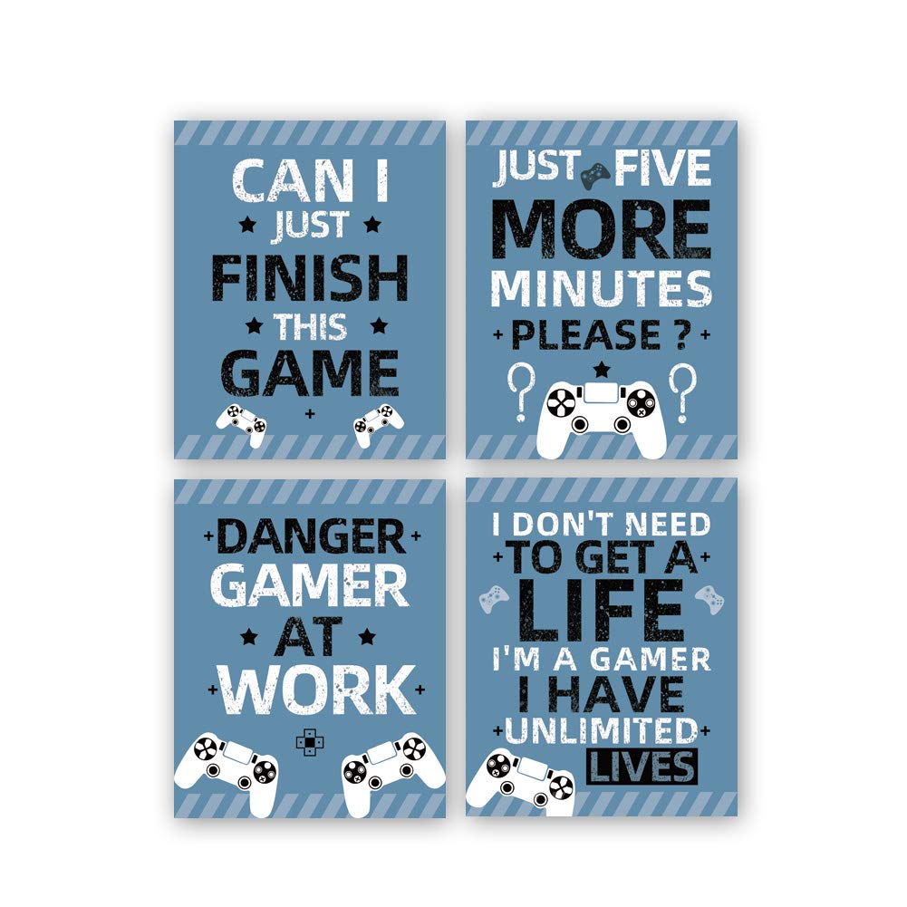 KAIRNE Gaming Art Print, Funny Video Game Canvas Paintings Poster, Set of 4 (8X10”,Unframed) Gamer Wall Art, Gaming signs just five minutes quotes Game Room Decor For Boys Gamer room decor