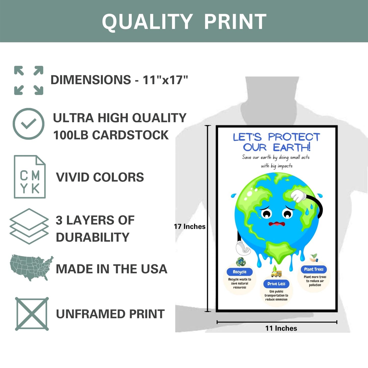 Save the Earth Art Poster. Environment Environmental Art Print Environmental Awareness for Kids, Save the Earth Print, Motivational Poster, Earth Day Eco Activist Art - 11x17 in. LAMINATED - No Frame