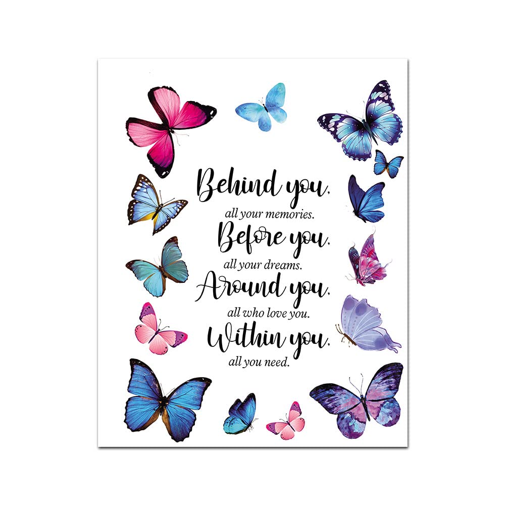 Butterfly Inspirational Quotes Wall Art Prints, Behind You All Your Memories Poster, Gtizry Graduation Gifts for Daughter, Birthday Inspirational Gifts for Women Girls Friends. Set 1 8x10in,No Fram