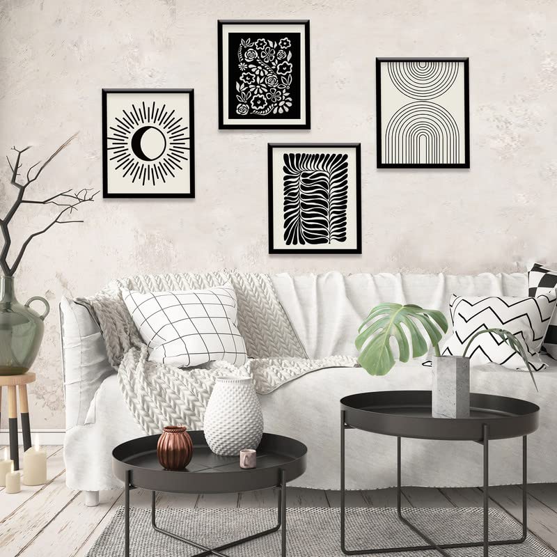 Minimalist Boho Canvas Wall Art Set of 4,Black Beige Flower Leaf Line Art Canvas Painting Pictures, Mid-Century Modern Prints Gallery Wall Posters for Bedroom Living Room Bathroom Boho Room