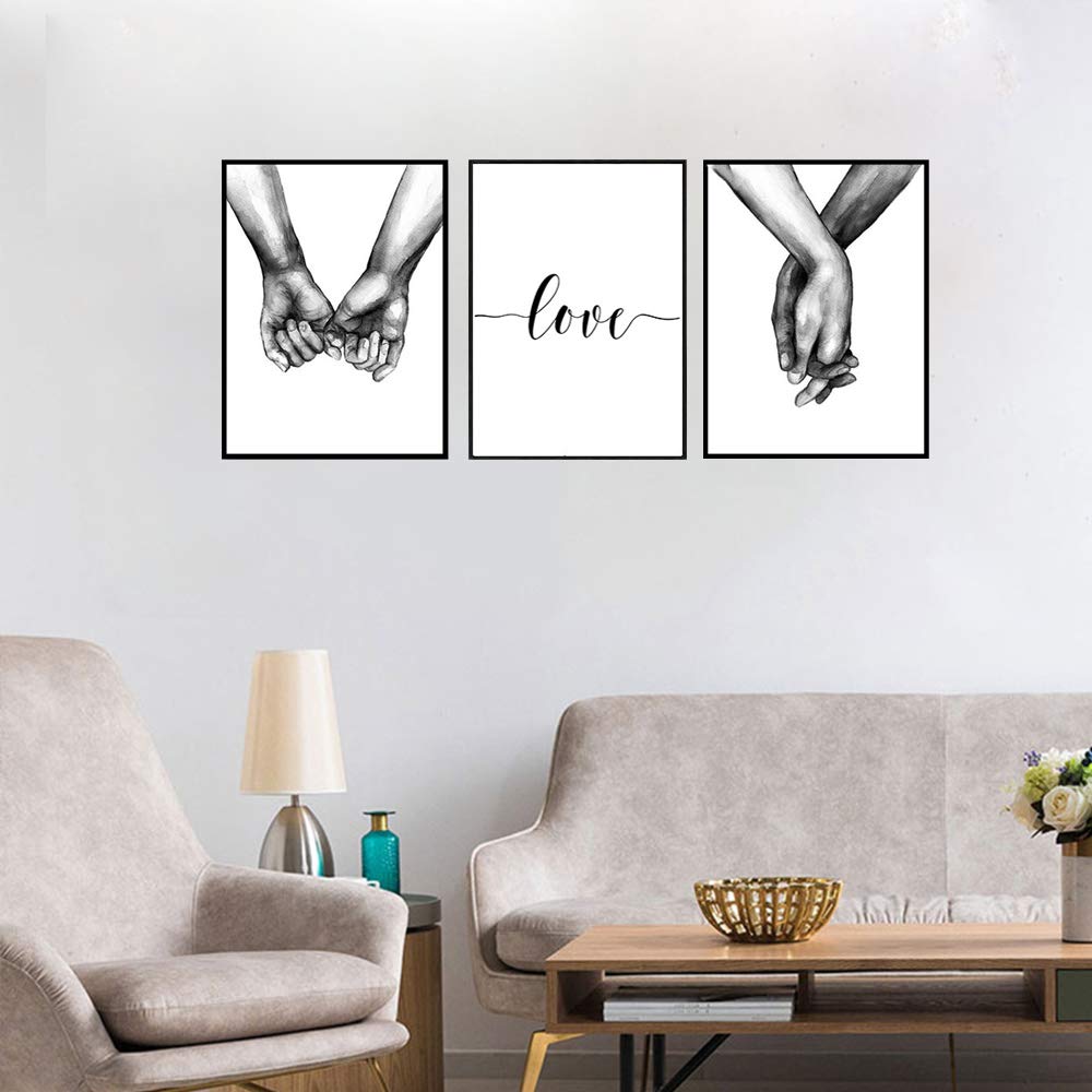 Love and Hand in Hand Poster Wall Decorative Art Canvas Print Poster for Home Living Room Bedroom Office Simple Fashion Black and White Sketch Art Line Drawing Decor Unframed 12" x 16" Set Of 3