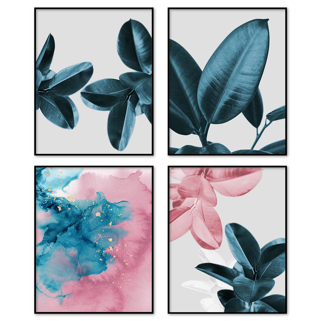 BARATIE Botanical Wall Art Prints Set of 4 Bathroom Decor Wall Art Indigo Blue Plants Rubber Leaves Posters Pink Watercolor Boho Leaf Wall Decor for Bedroom (8"x10" UNFRAMED, Indigo Blue)